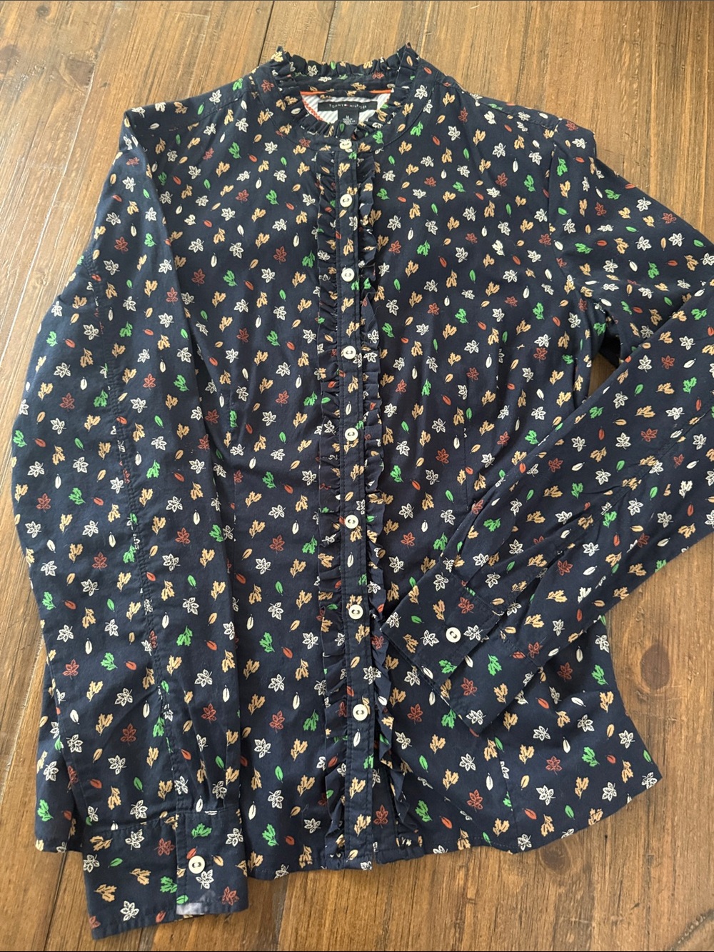Tommy Hilfiger Navy Autumn Fall Floral Ruffle-Trim Button Down Shirt - Picture 11 of 12